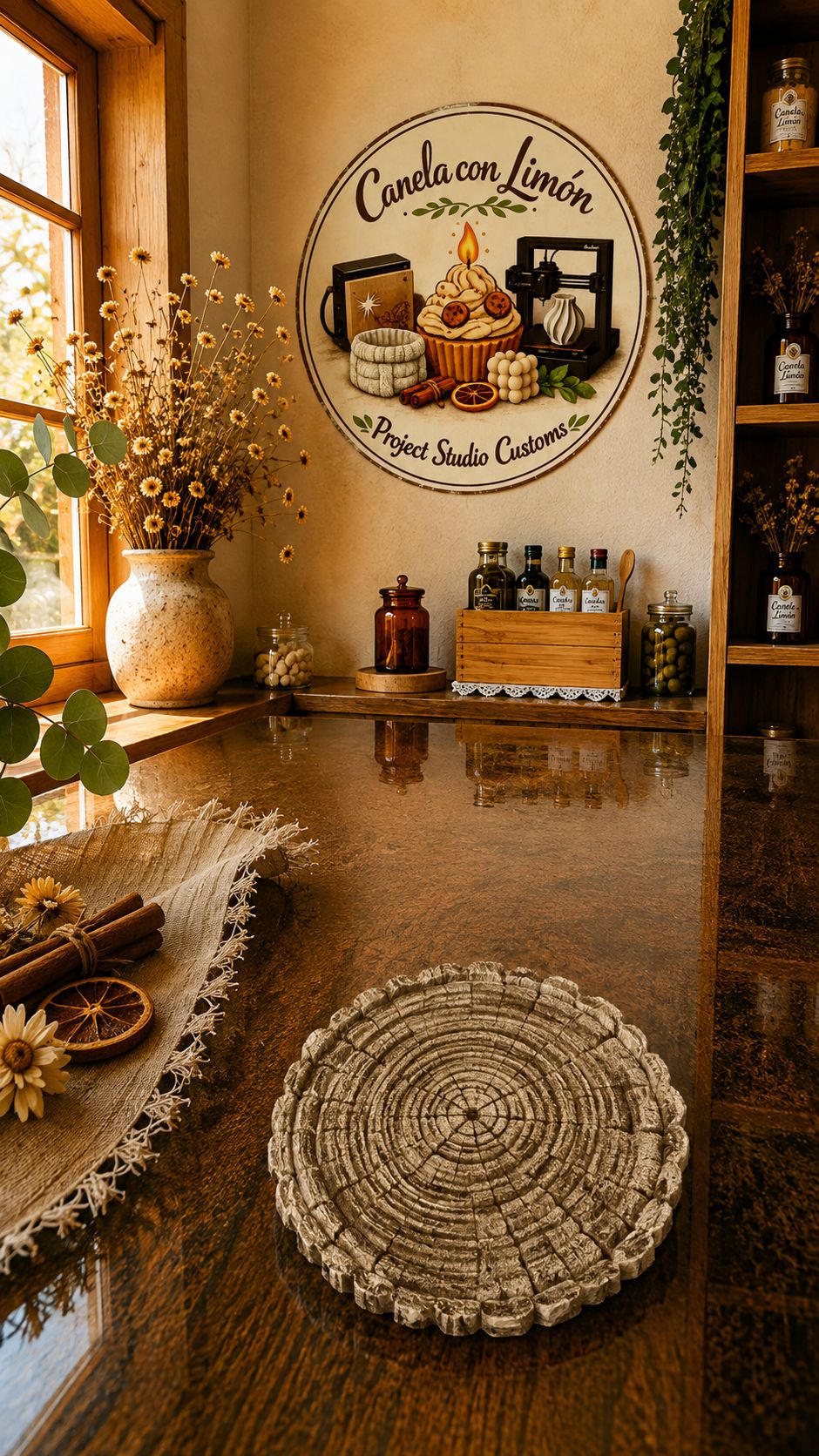 Plato decorativo de escayola efecto tronco de madera | Base artesanal para velas
